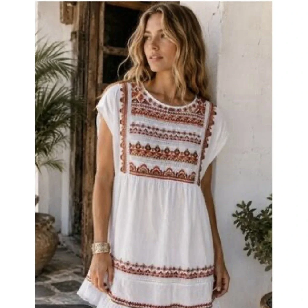 Free People Sunrise Wanderer Mini Embroidered Dress With Pockets Oversized XS